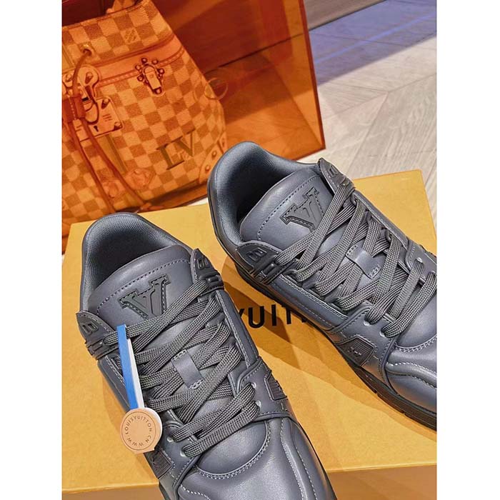 Louis Vuitton Unisex LV Trainer Sneaker Grey Calf Leather Rubber Outsole Monogram Flower
