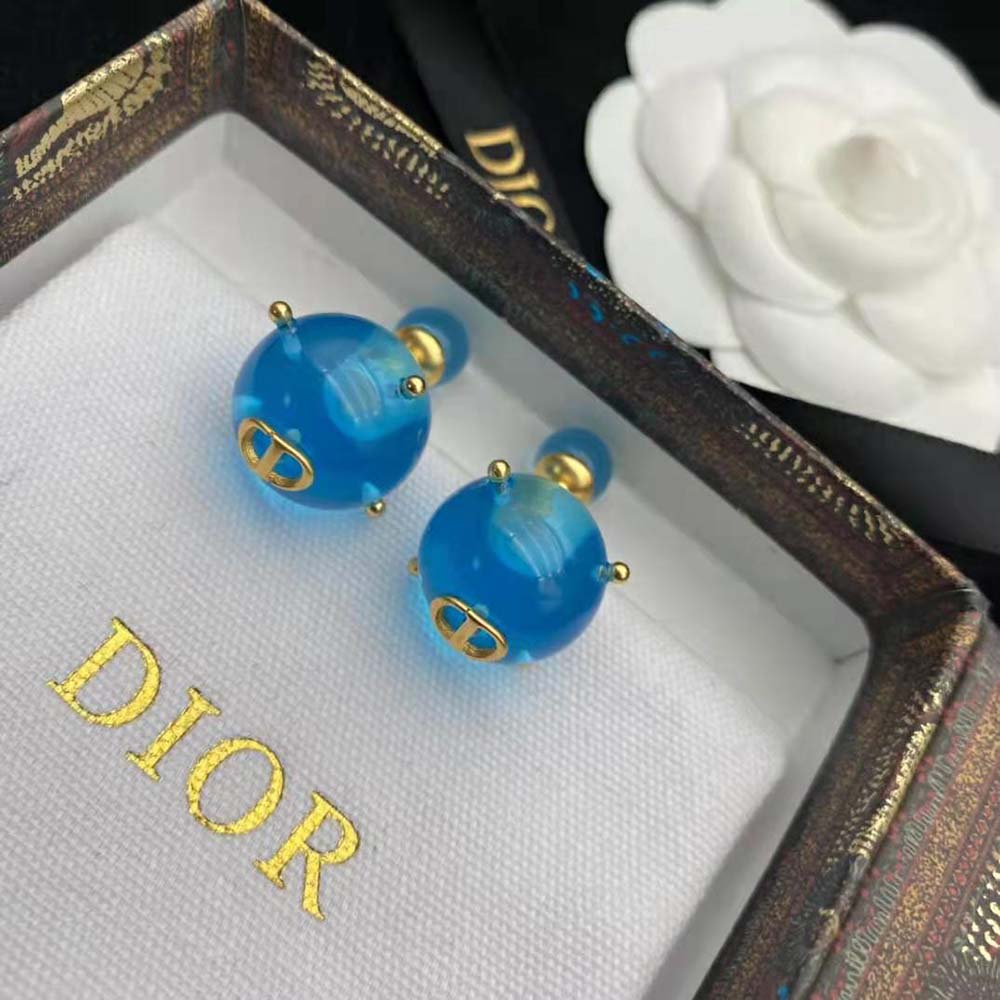 Dior Women Tribales Earrings Gold-Finish Metal and Light Blue Transparent Resin Pearls