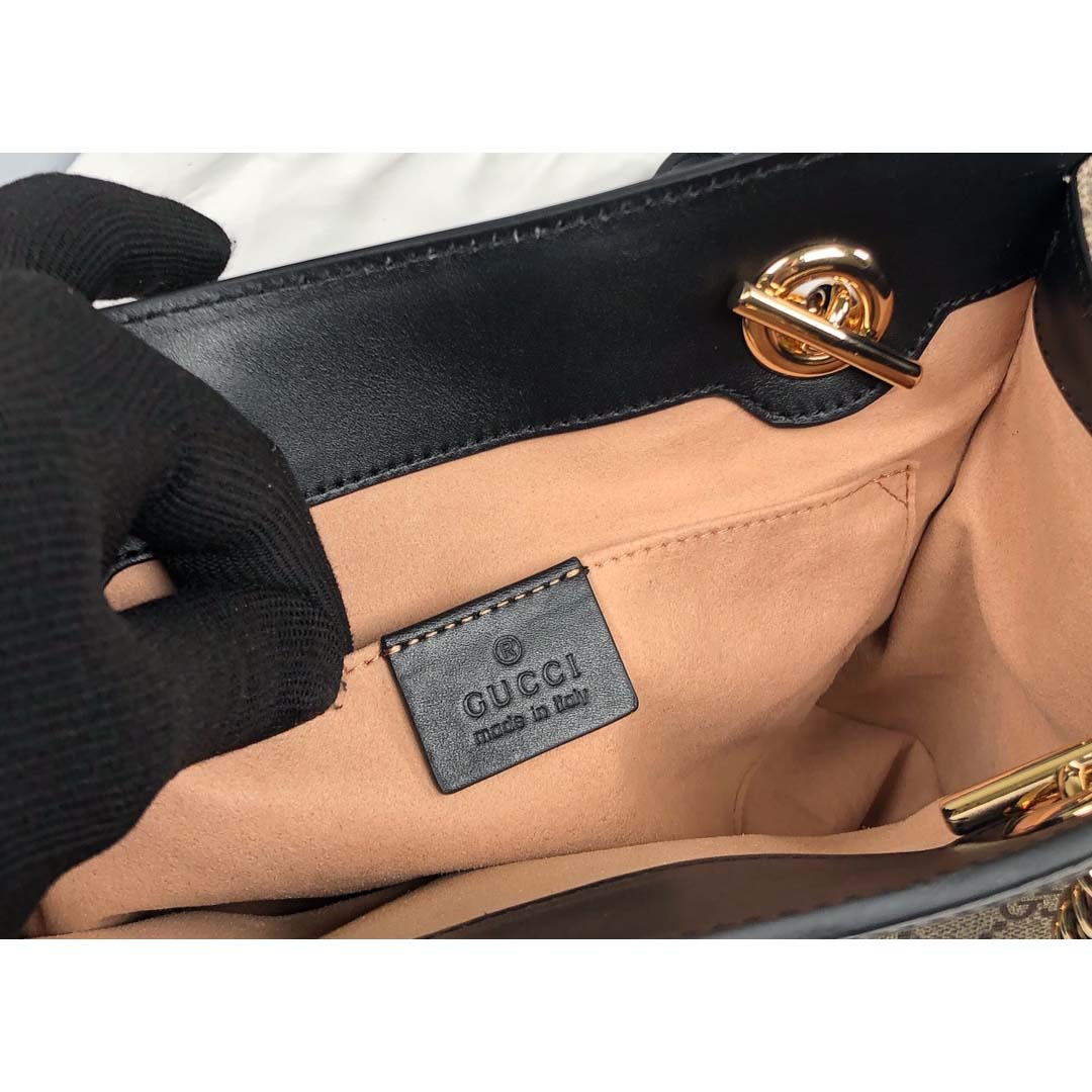 Gucci Women Padlock Small GG Shoulder Bag Beige Ebony GG Supreme Canvas Black Leather