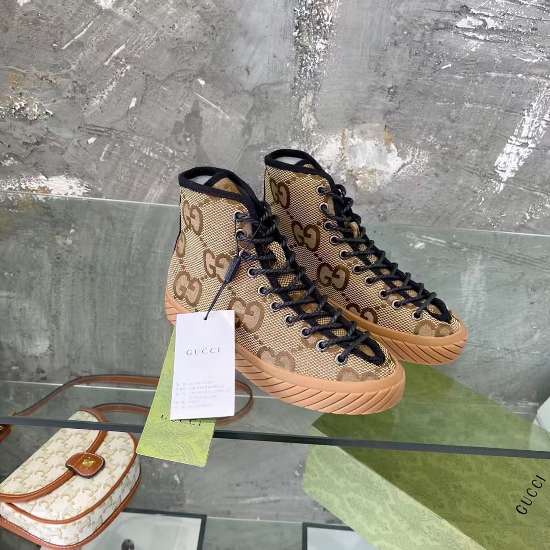 Gucci Unisex High-Top Maxi GG Sneaker Camel Ebony Canvas Low 3 Cm Heel
