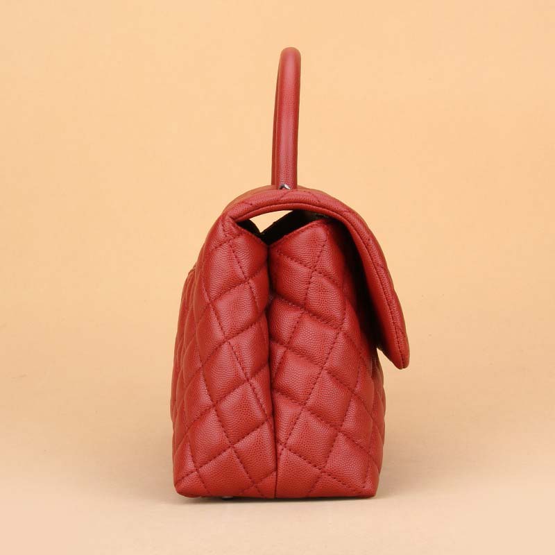 Chanel Women Flap Bag with Top Handle in Grained Calfskin Leather-Red