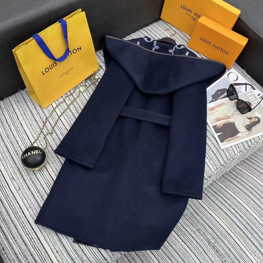 Louis Vuitton LV Women Signature Hooded Wrap Coat Wool Silk Night Blue Regular Fit