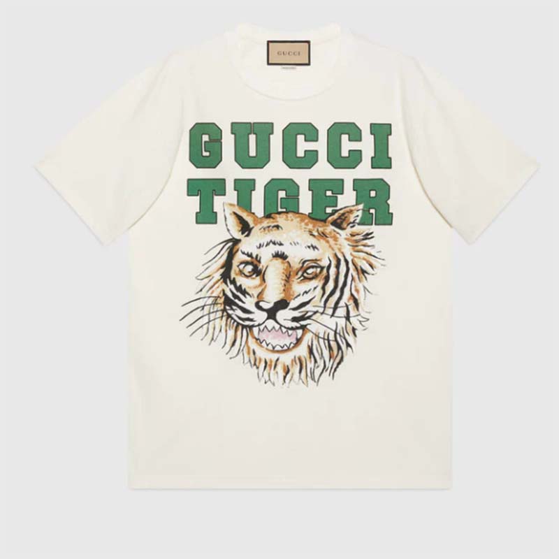 Gucci Women GG Tiger Cotton T-Shirt White Jersey Tiger Head Crewneck