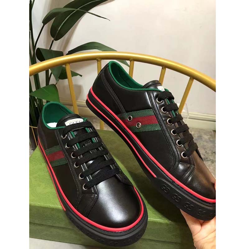 Gucci Unisex Gucci Tennis 1977 Sneaker Black Leather Green Red Web Flat