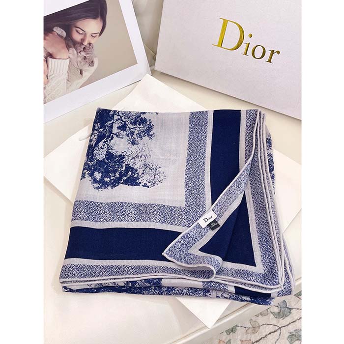 Dior CD Women Toile De Jouy Sauvage Square 90 Scarf Ivory Navy Blue Silk Twill