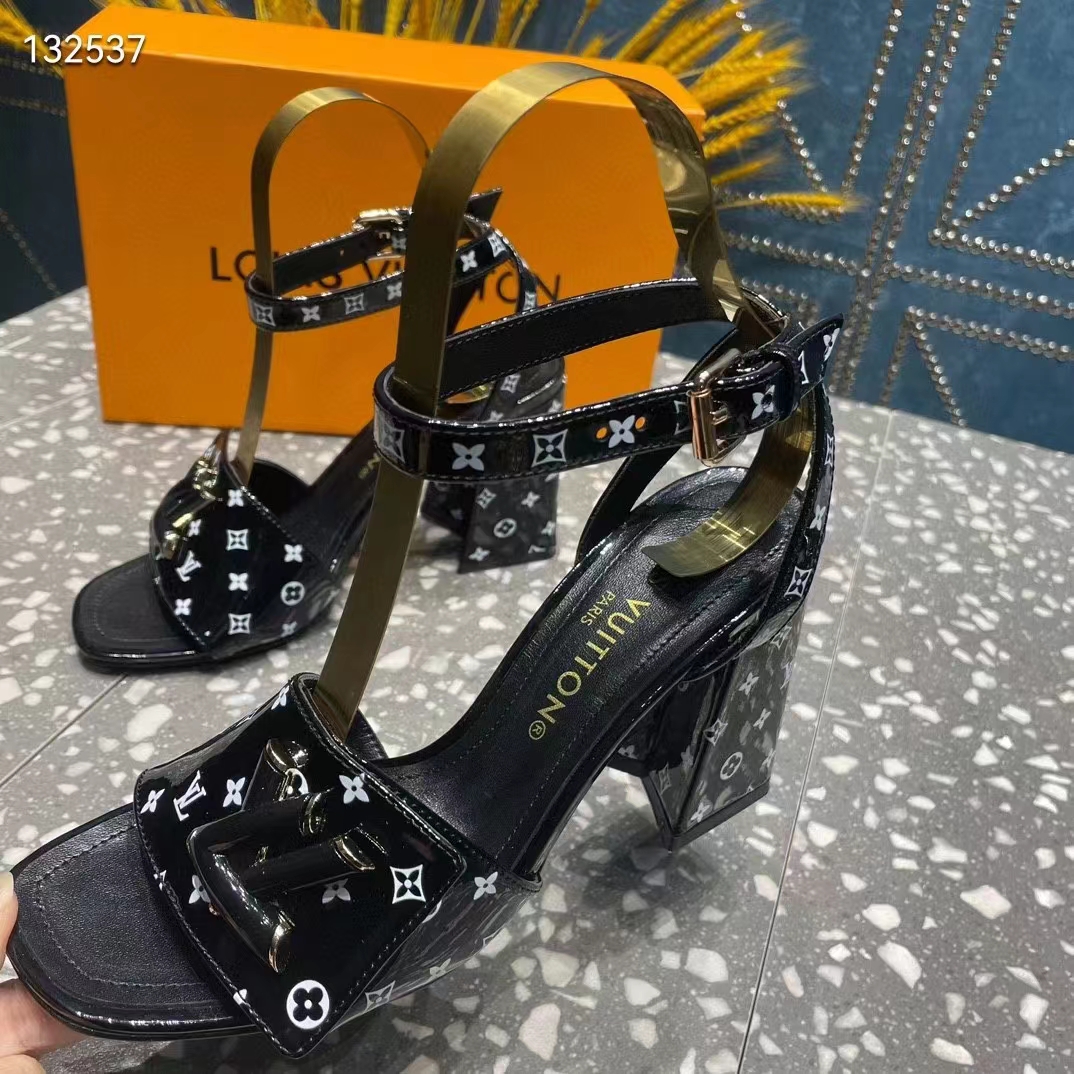 Louis Vuitton Women LV Shake Sandal Black White Printed Patent Calf Leather 9.5 CM Heel