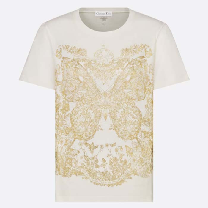 Dior Men CD T-Shirt White Cotton Jersey Gold-Tone Butterfly Around The World Motif
