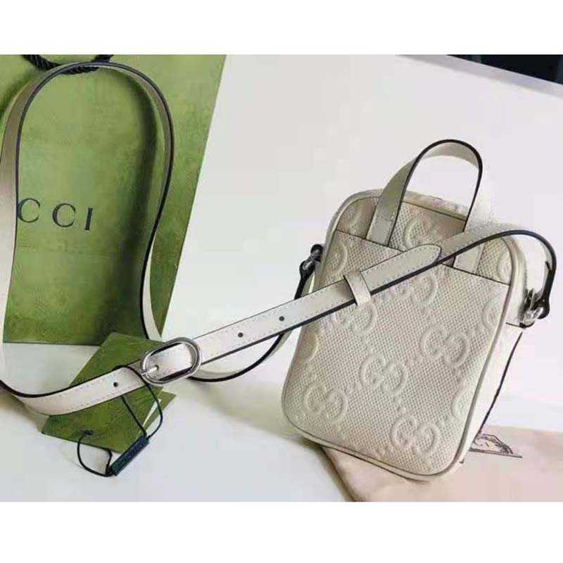 Gucci GG Unisex Embossed Mini Bag White Leather Cotton Linen