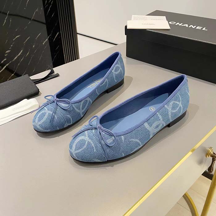 Chanel Women CC Ballet Flats Printed Denim Light Blue White