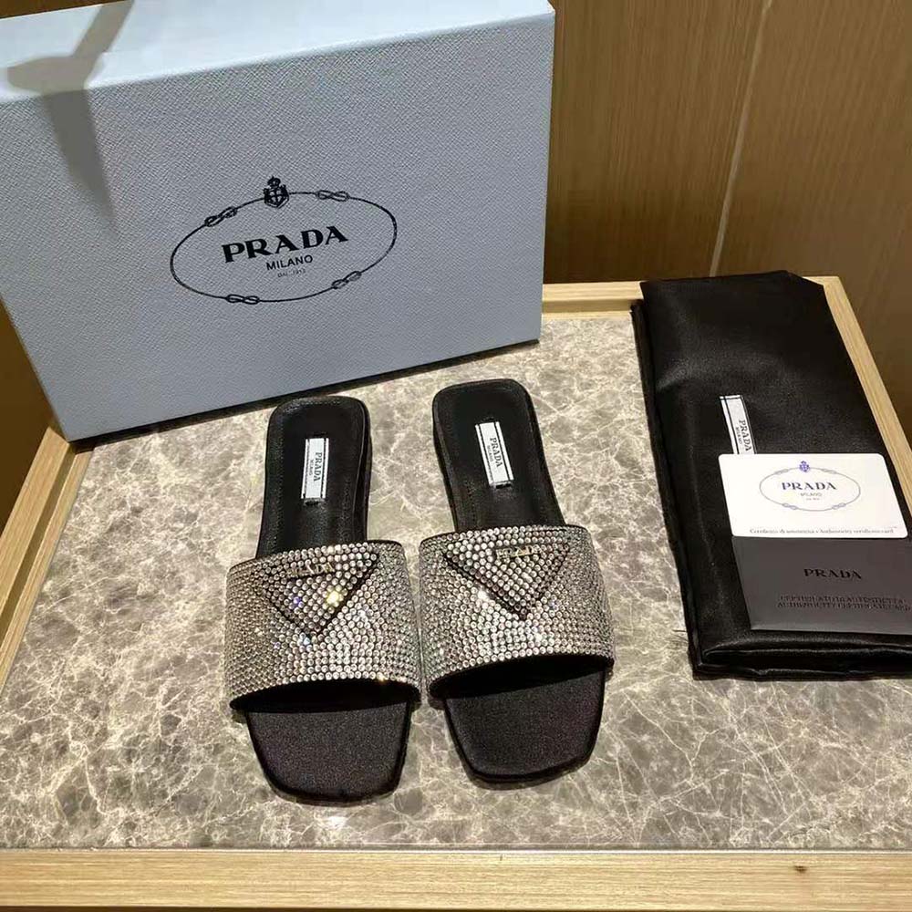 Prada Women Satin Slides with Crystals-Black