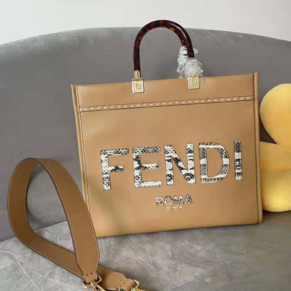 Fendi Women Sunshine Medium Light Brown Leather and Elaphe Shopper Bag