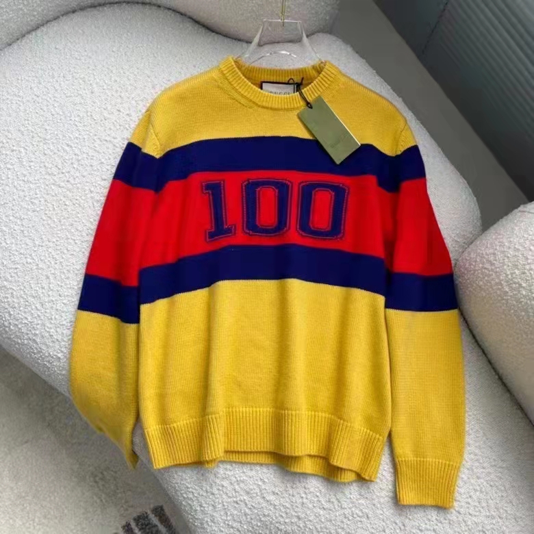 Gucci Women Gucci 100 Wool Sweater Yellow Wool Blue Red Web 100 Intarsia
