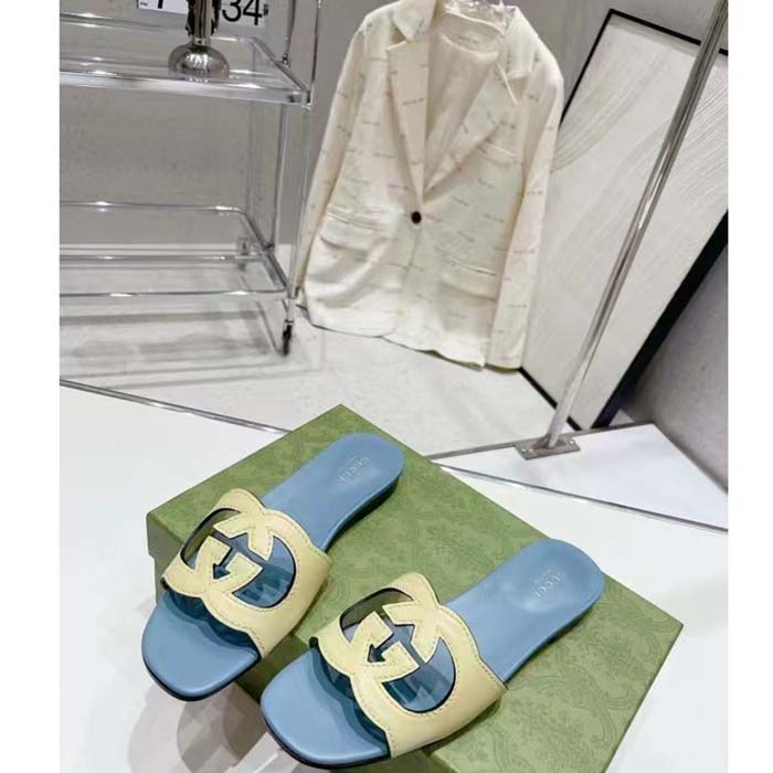 Gucci Unisex Interlocking G Cut-Out Slide Sandal Yellow Light Blue Suede Flat