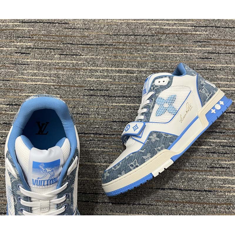 Louis Vuitton Unisex LV Trainer Sneaker Blue Monogram Denim Rubber Monogram Flowers