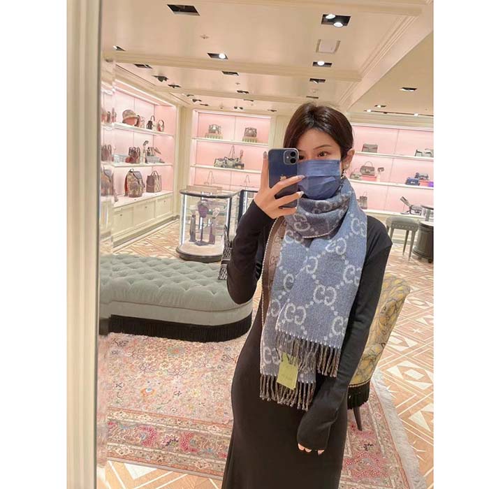 Gucci Unisex GG Jacquard Knit Scarf Tassels Navy Brown Wool