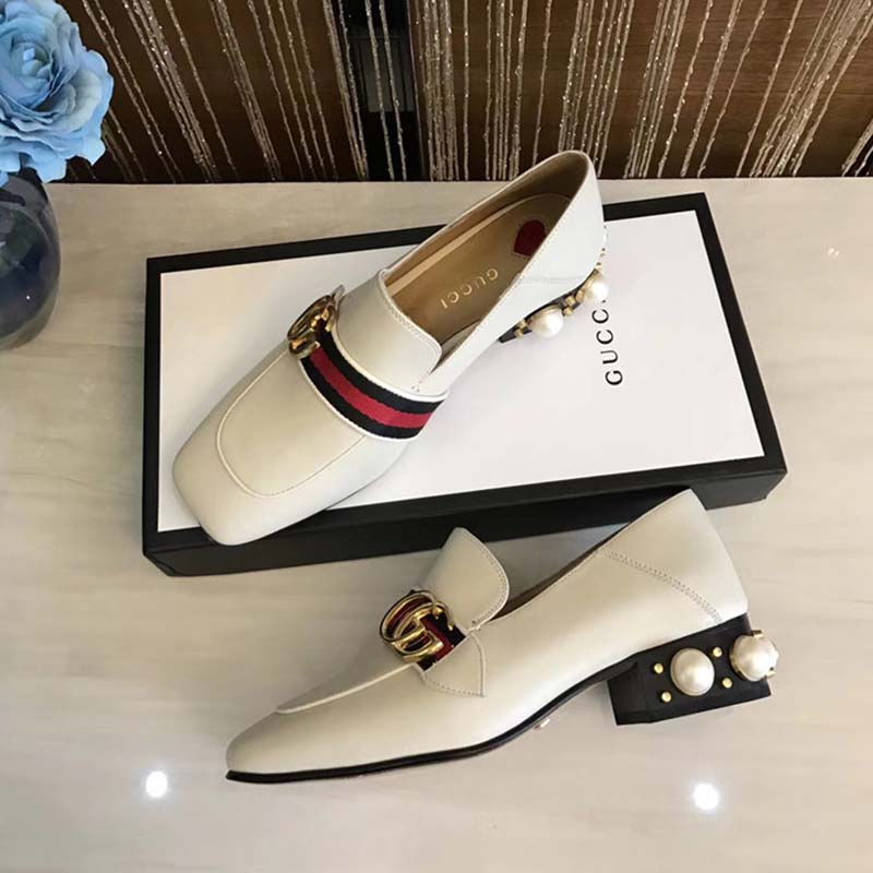 Gucci Women Leather Mid-Heel Loafer with Blue and Red Web-White