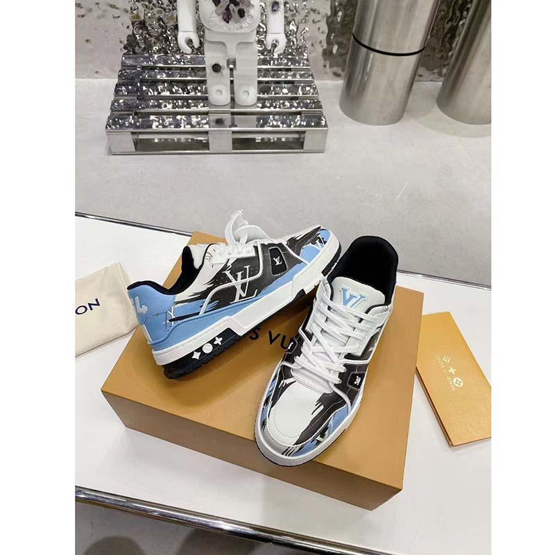 Louis Vuitton Unisex LV Trainer Sneaker Black Printed Calf Leather Rubber Monogram Flowers