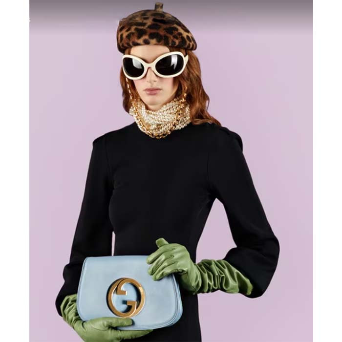 Gucci Women GG Blondie Shoulder Bag Blue Leather Round Interlocking G