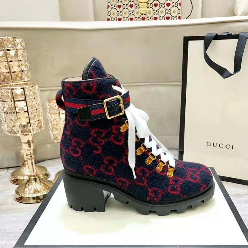 Gucci Women Gucci Zumi GG Wool Ankle Boot in Blue and Red GG Wool