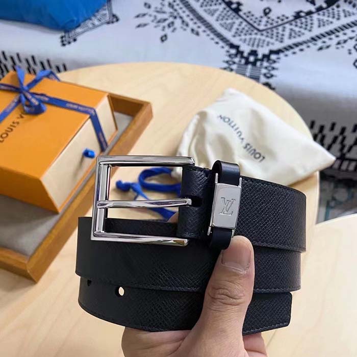 Louis Vuitton Unisex Pont Neuf 35 MM Width Black Taiga Calf Leather Brass Buckle