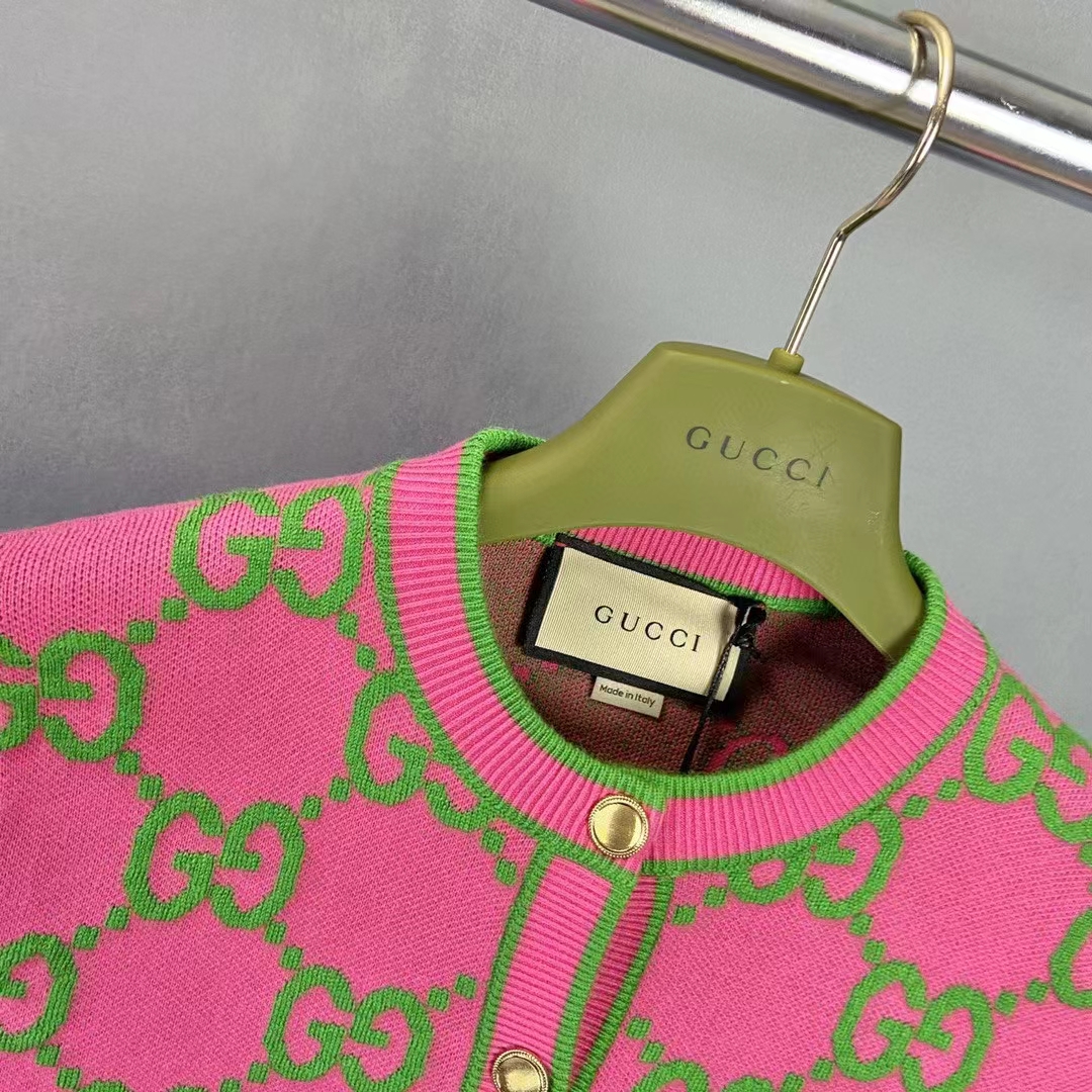 Gucci Women Cotton Silk Blend Cardigan Fuchsia Green Jacquard Crewneck Long Sleeves