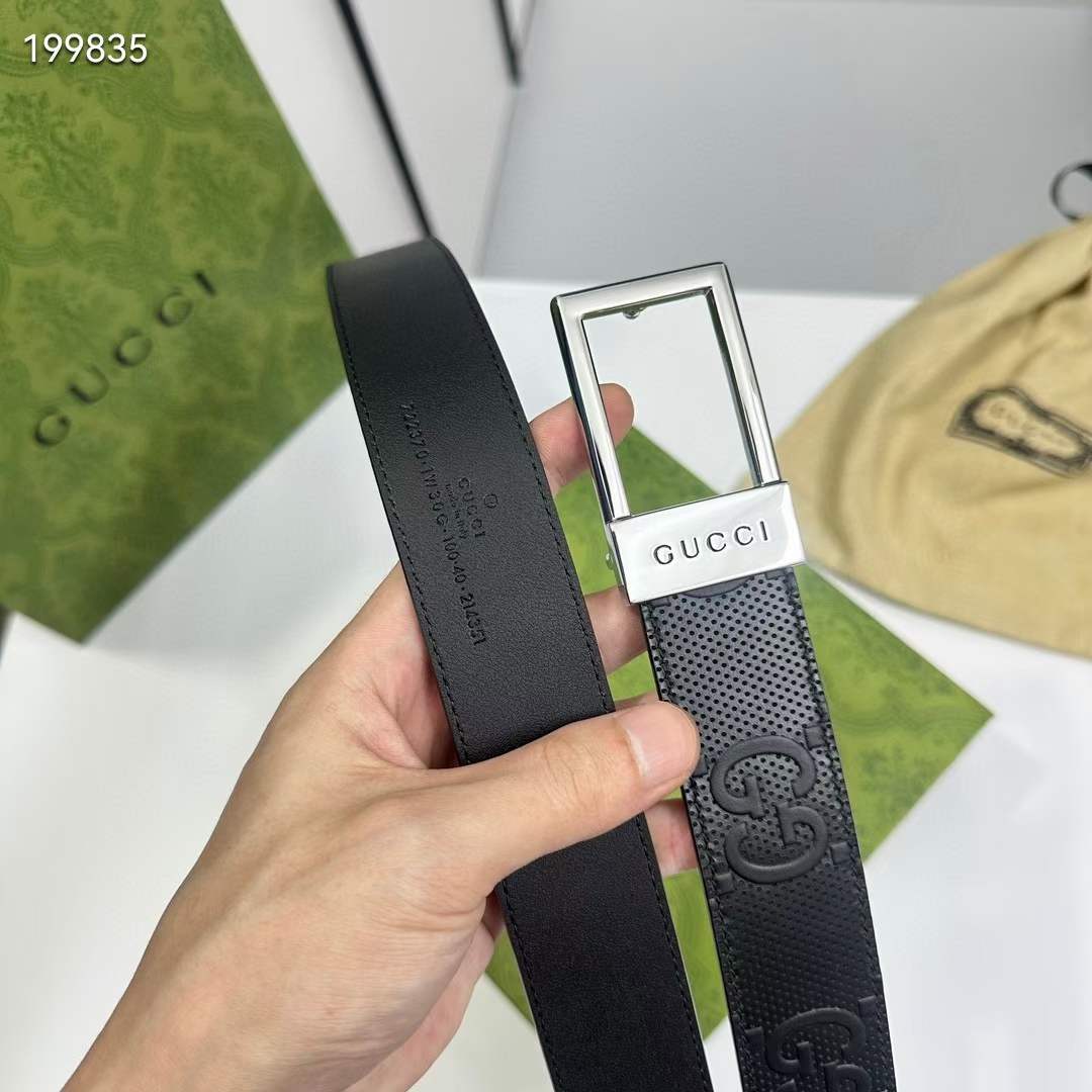 Gucci Unisex GG Belt Rectangular Buckle Black Leather 3.6 CM Width