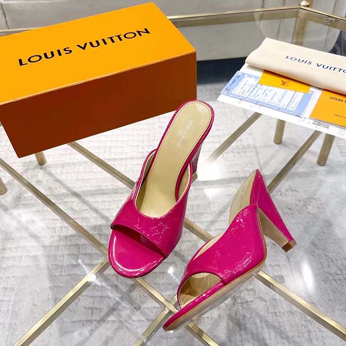 Louis Vuitton LV Women Super Mule Fuchsia Monogram-Debossed Patent Calf Leather 10 CM Heel