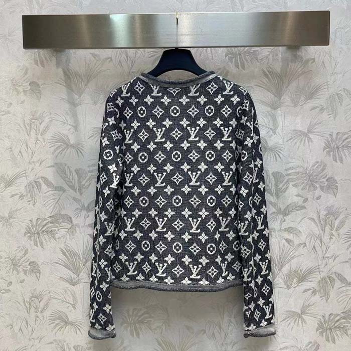 Louis Vuitton Men LV Monogram Jacquard Pullover Wool Cotton Grey Blue Regular Fit