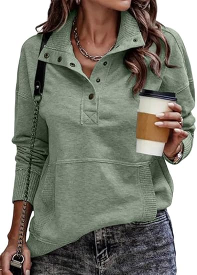 Women's Casual Long-Sleeved Stand-Up Collar Sweatshirt, Lightweight Button-Down Drawstring Pullover