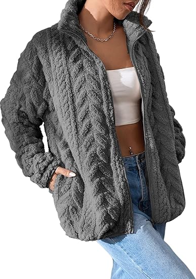 Women's winter fleece jacket, zip-up stand collar casual jacket with pockets