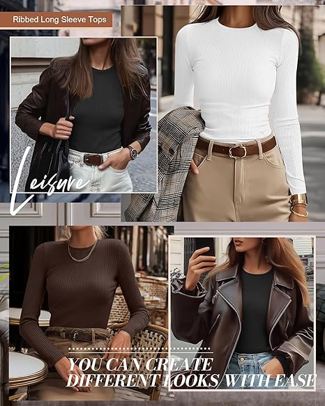 Women's three-piece ribbed long-sleeved top, round neck slim-fit knit base layer, basic casual stretch base layer T-shirt