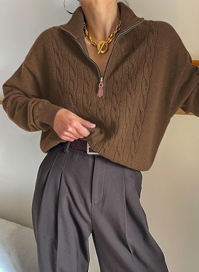 Women's Sweater, Quarter Zipper Casual Ribbed Cable Knit Pullover