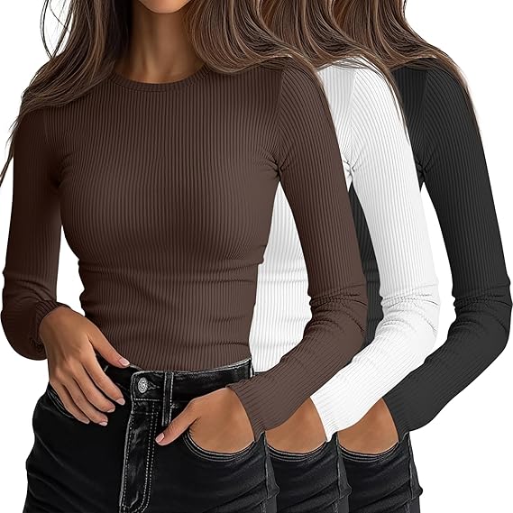 Women's three-piece ribbed long-sleeved top, round neck slim-fit knit base layer, basic casual stretch base layer T-shirt