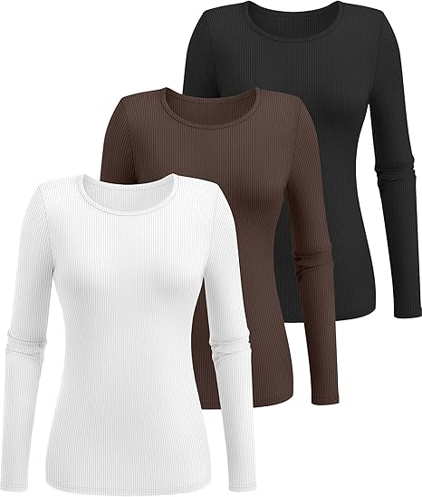 Women's three-piece ribbed long-sleeved top, round neck slim-fit knit base layer, basic casual stretch base layer T-shirt