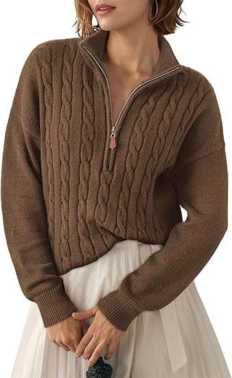 Women's Sweater, Quarter Zipper Casual Ribbed Cable Knit Pullover