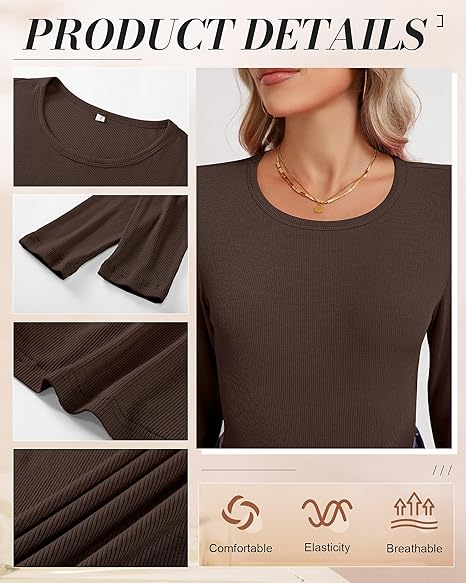 Women's three-piece ribbed long-sleeved top, round neck slim-fit knit base layer, basic casual stretch base layer T-shirt