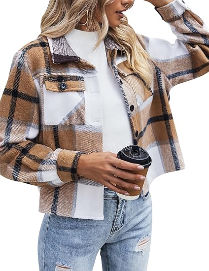 Women's flannel short shirt jacket, stylish plaid button-down shirt