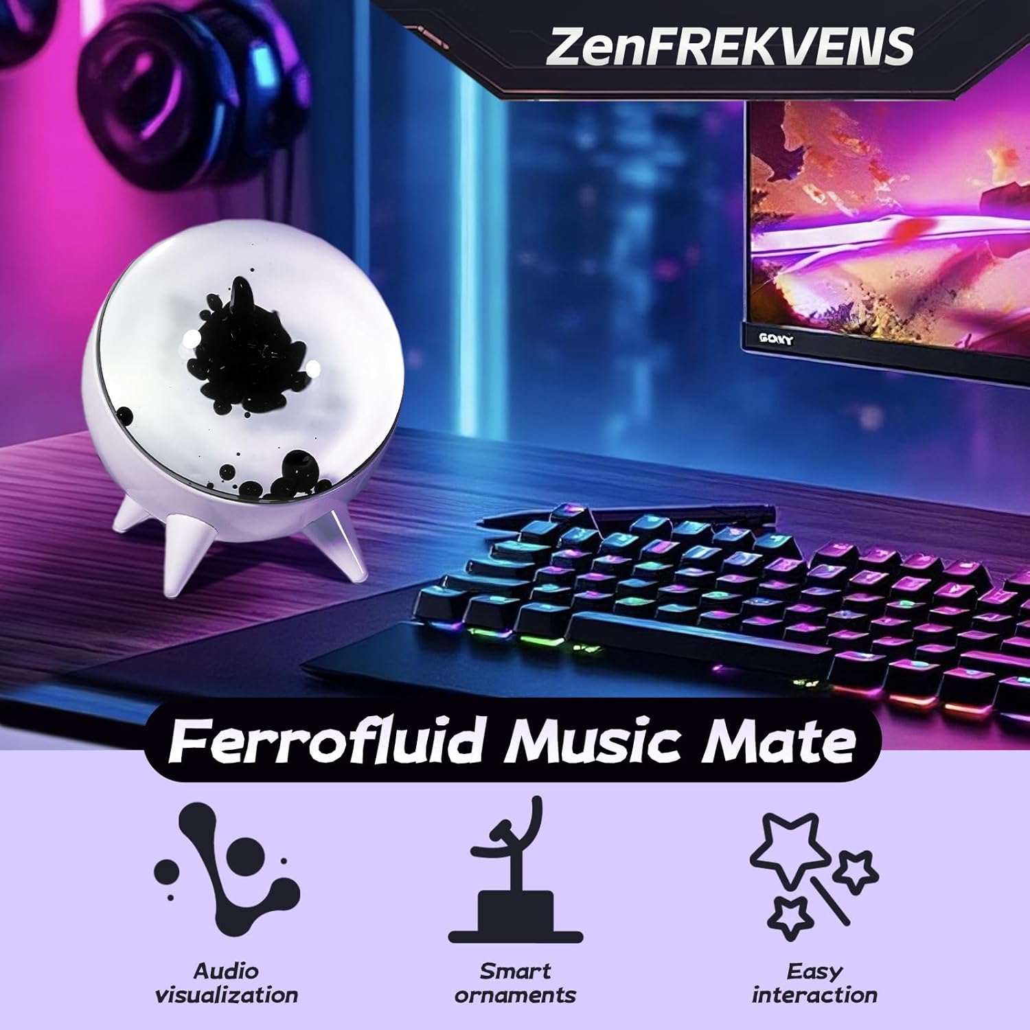 ZenFrekvens Dancing Ferrofluid Display with Music Rhythm, Magnetic Liquid Art with Stand, Ferrofluid Speaker Music Mate, Symbiote in a Bottle, Ferrofluid Display Lamp, Desktop Decor, Teenager Gifts