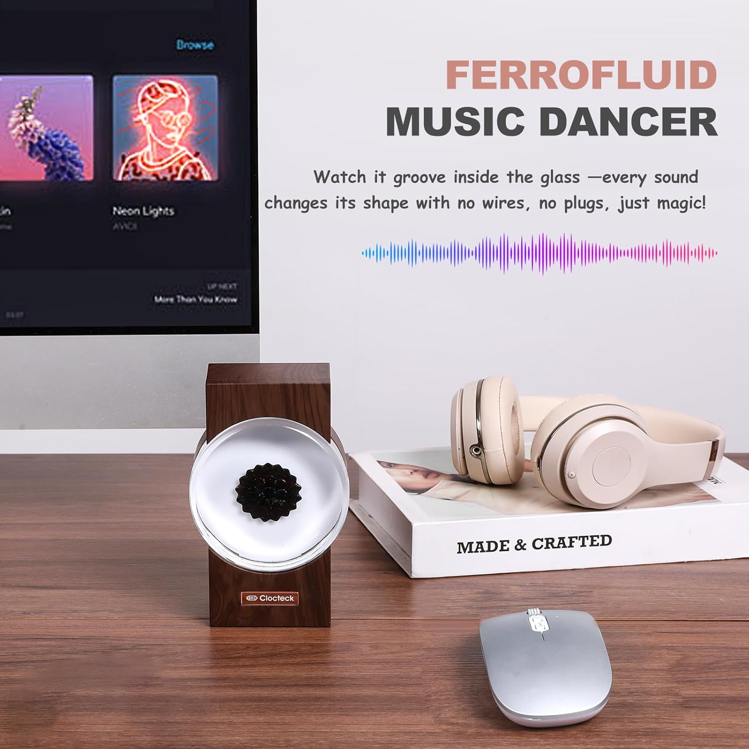 ClocTeck Ferrofluid Visualizer Dancing with Music Rhythm, Magnetic Fluid Music Speaker Mate,Ferrofluid Desk Decor Lamp, A Retro Gift for Friends (Ferrofluid Color: Starry Black)(Does Not Make Sound)