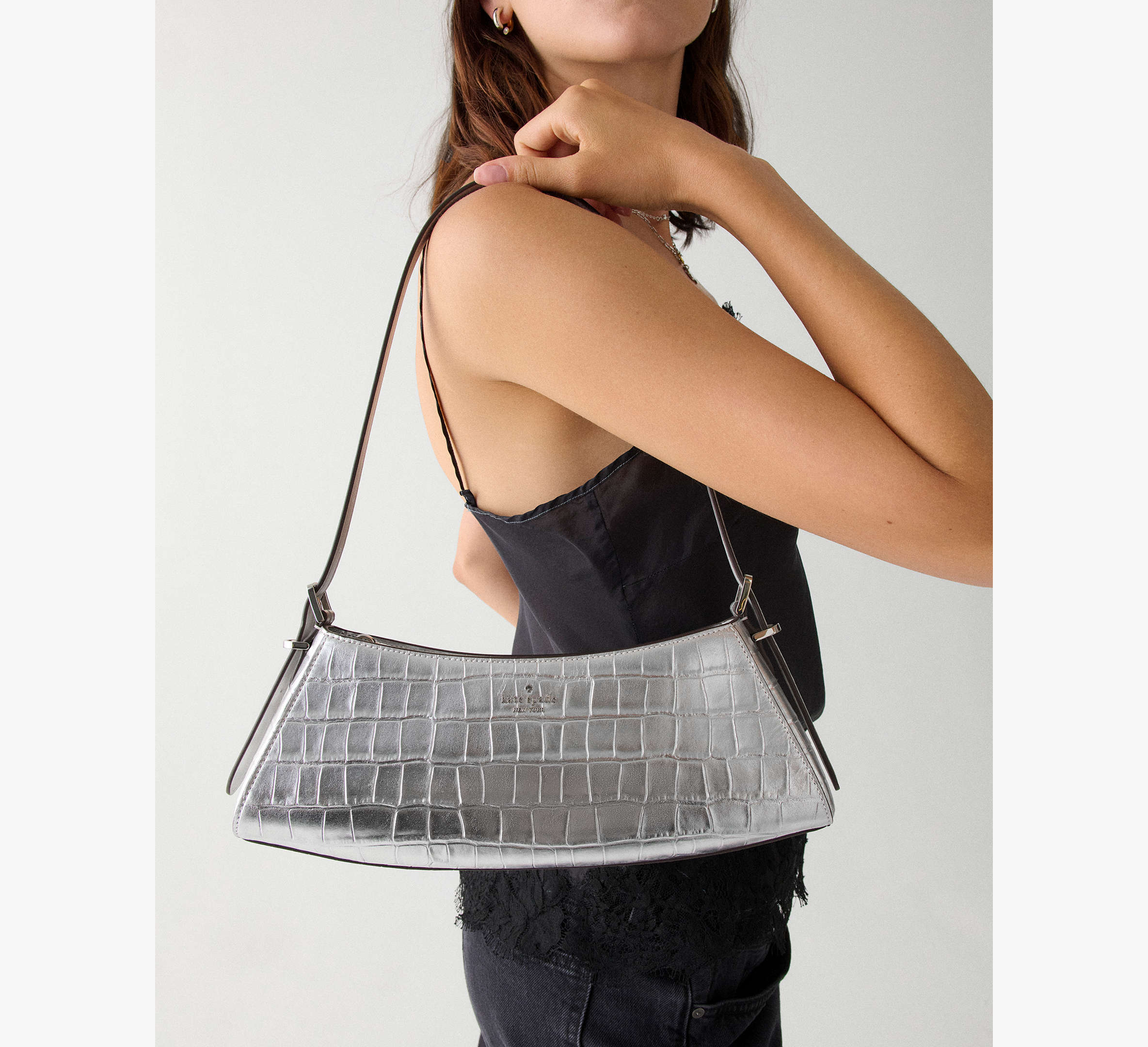 Frankie Metallic Croc Embossed Small East West Shoulder