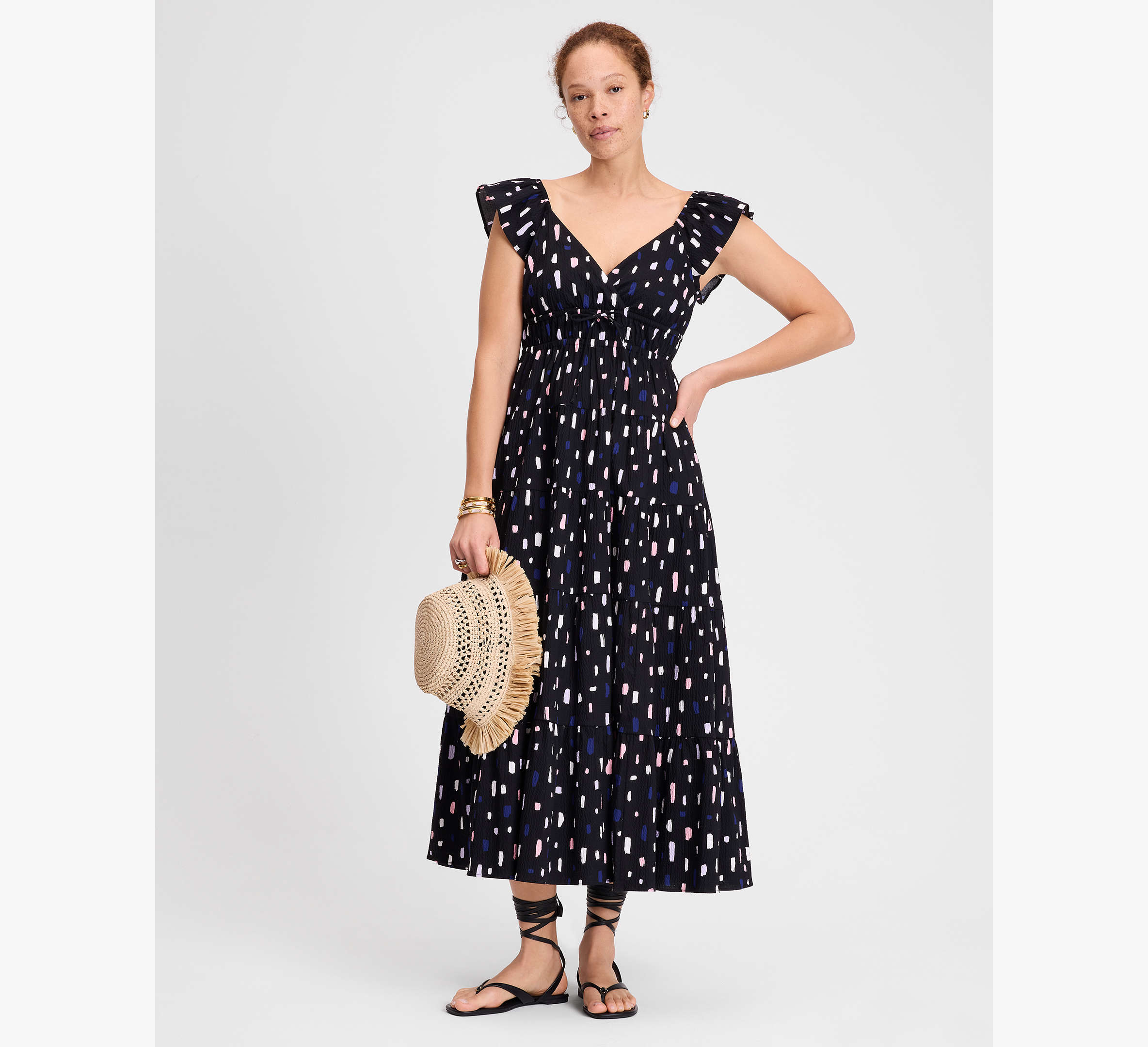 Painterly Strokes Flutter Sleeve Dress