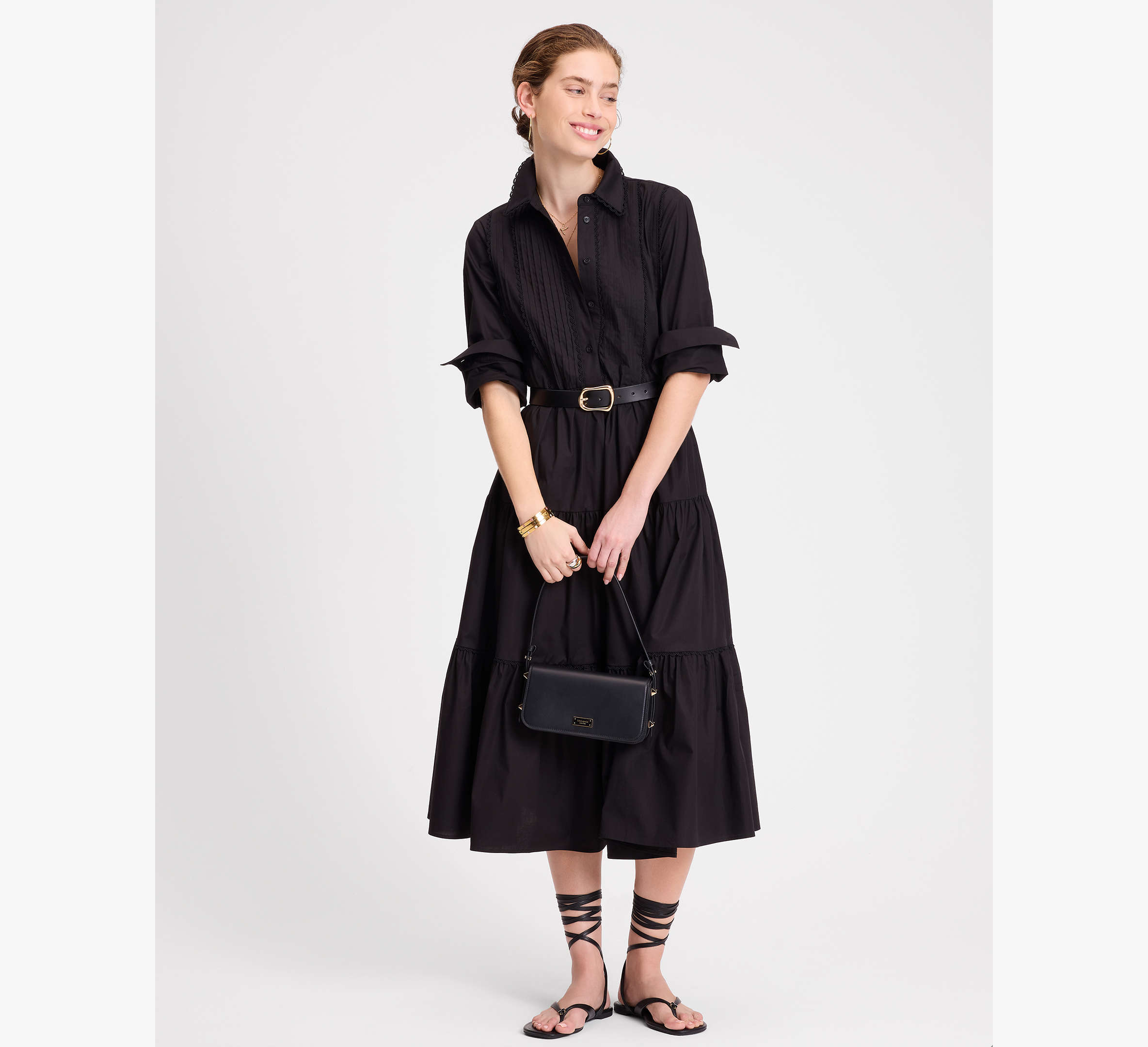 Pintuck Tiered Shirt Dress