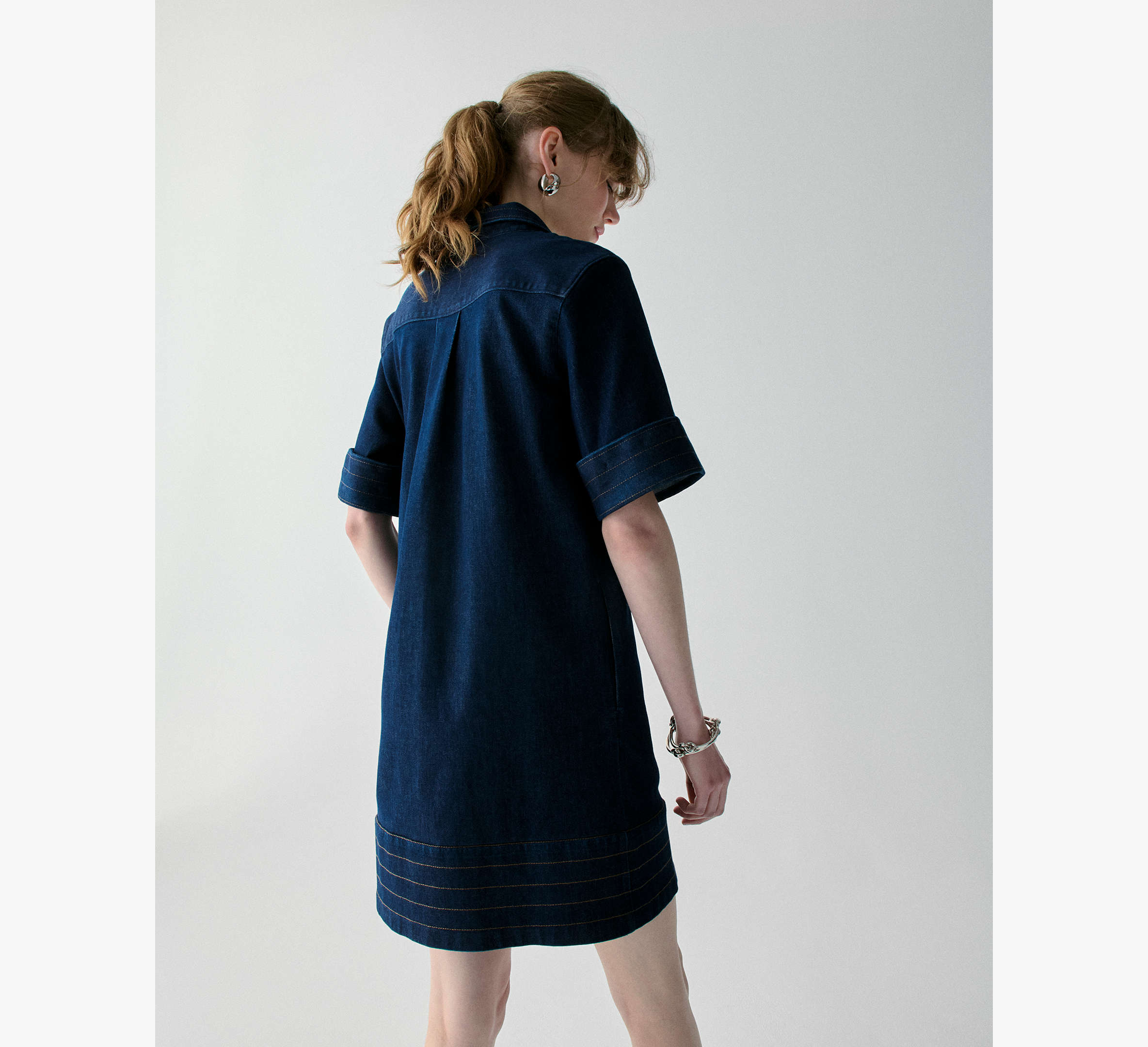 Denim Trapunto Mini Shirt Dress