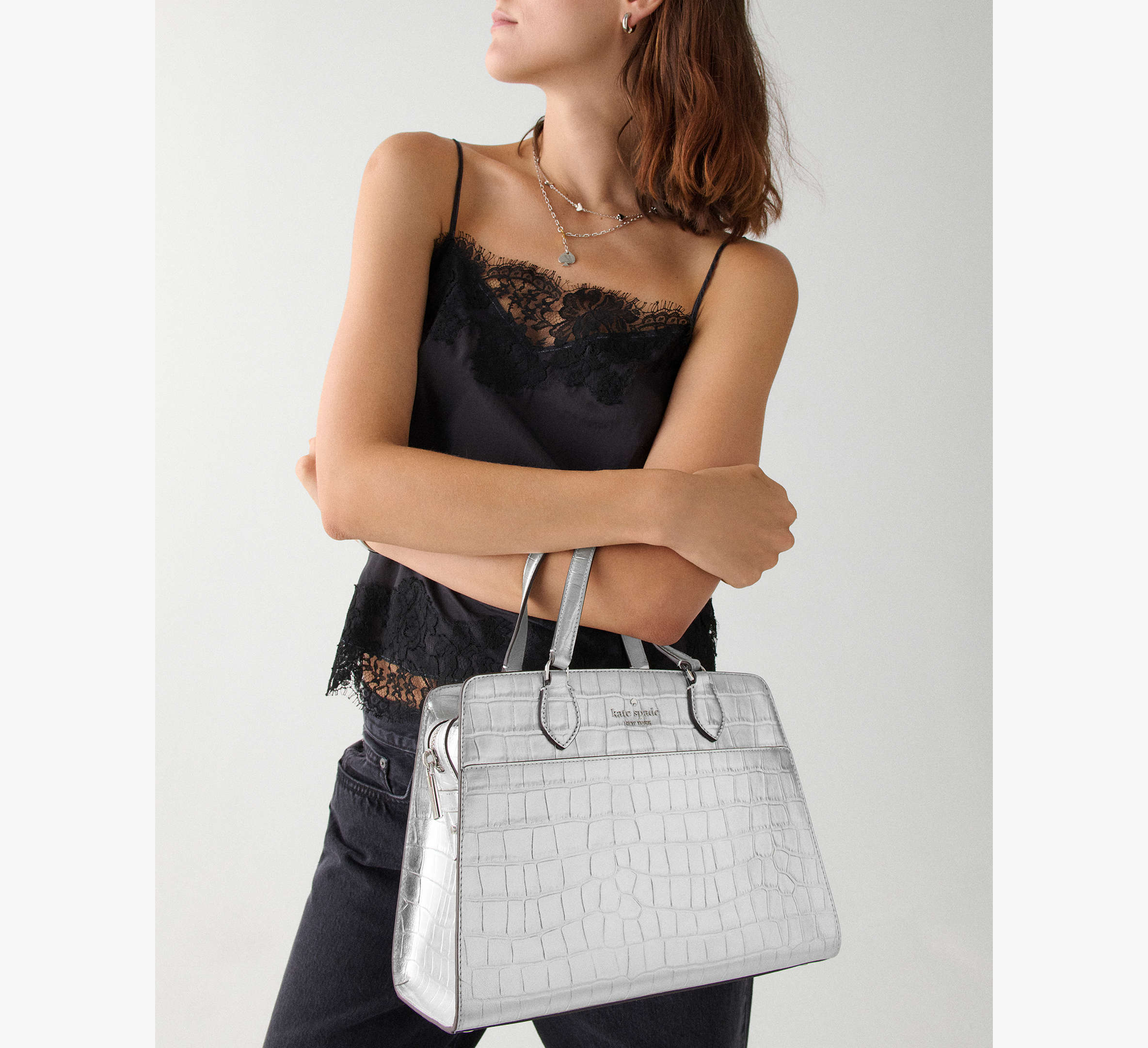 Madison Metallic Croc Embossed Medium Satchel