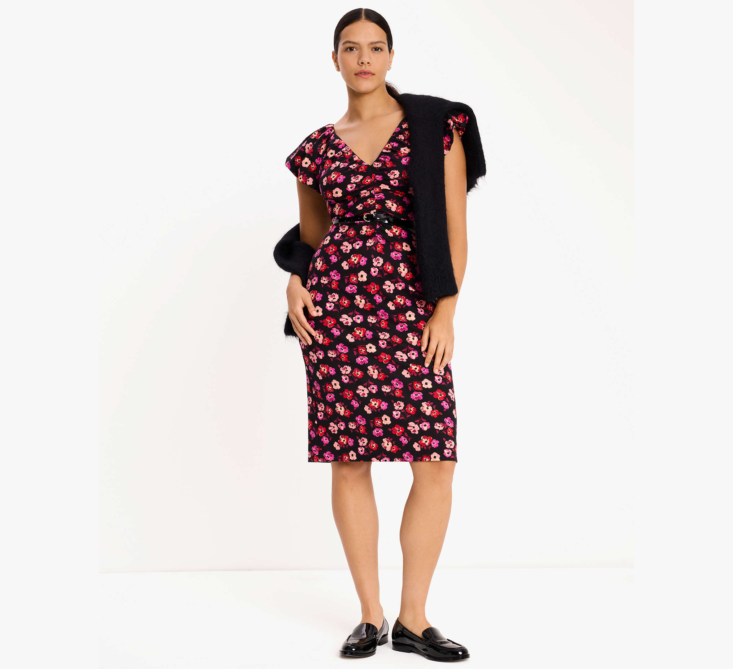 Fall Poppies Ruched Ponte Dress