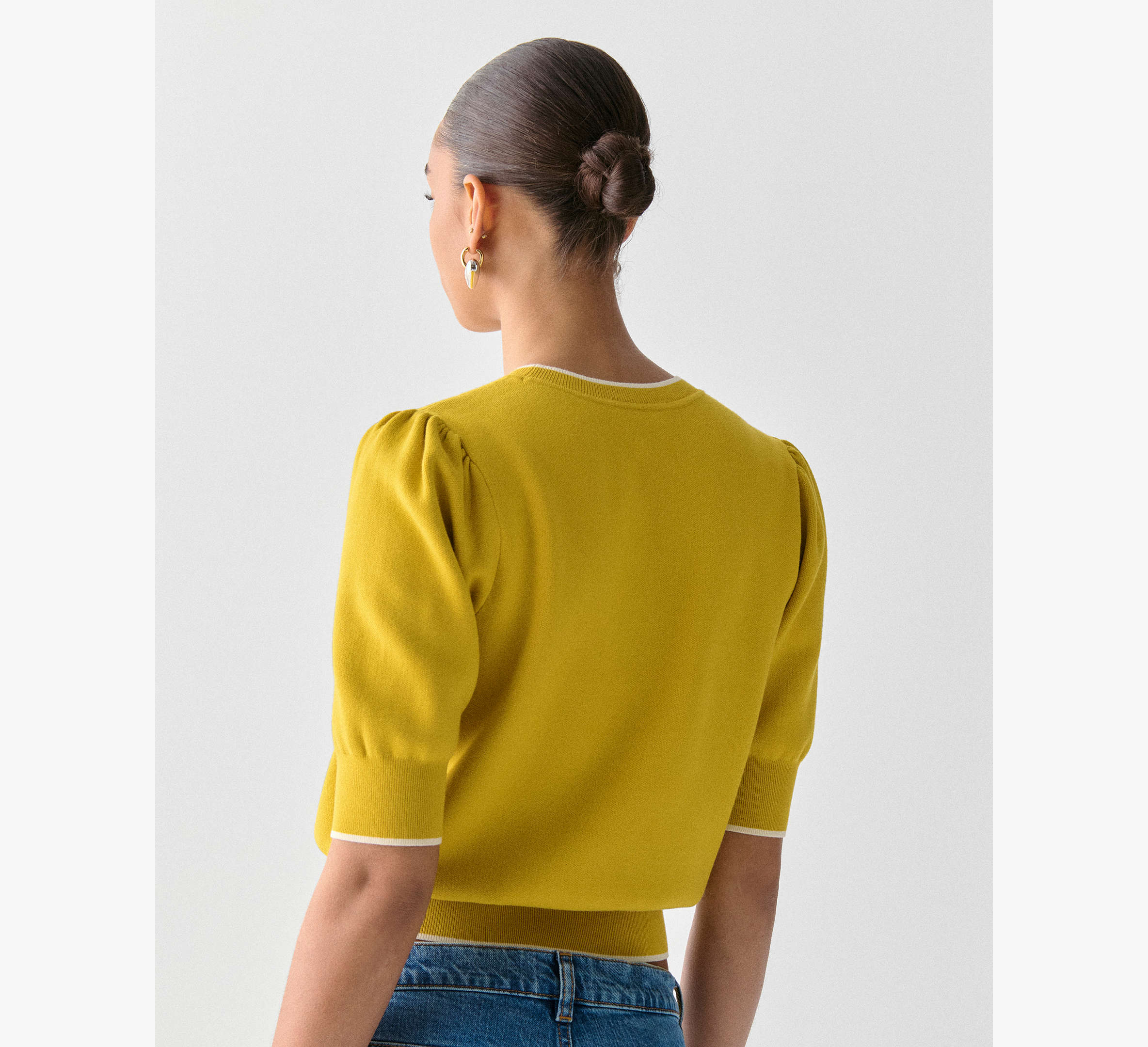 Puff Sleeve Sweater With Tipping