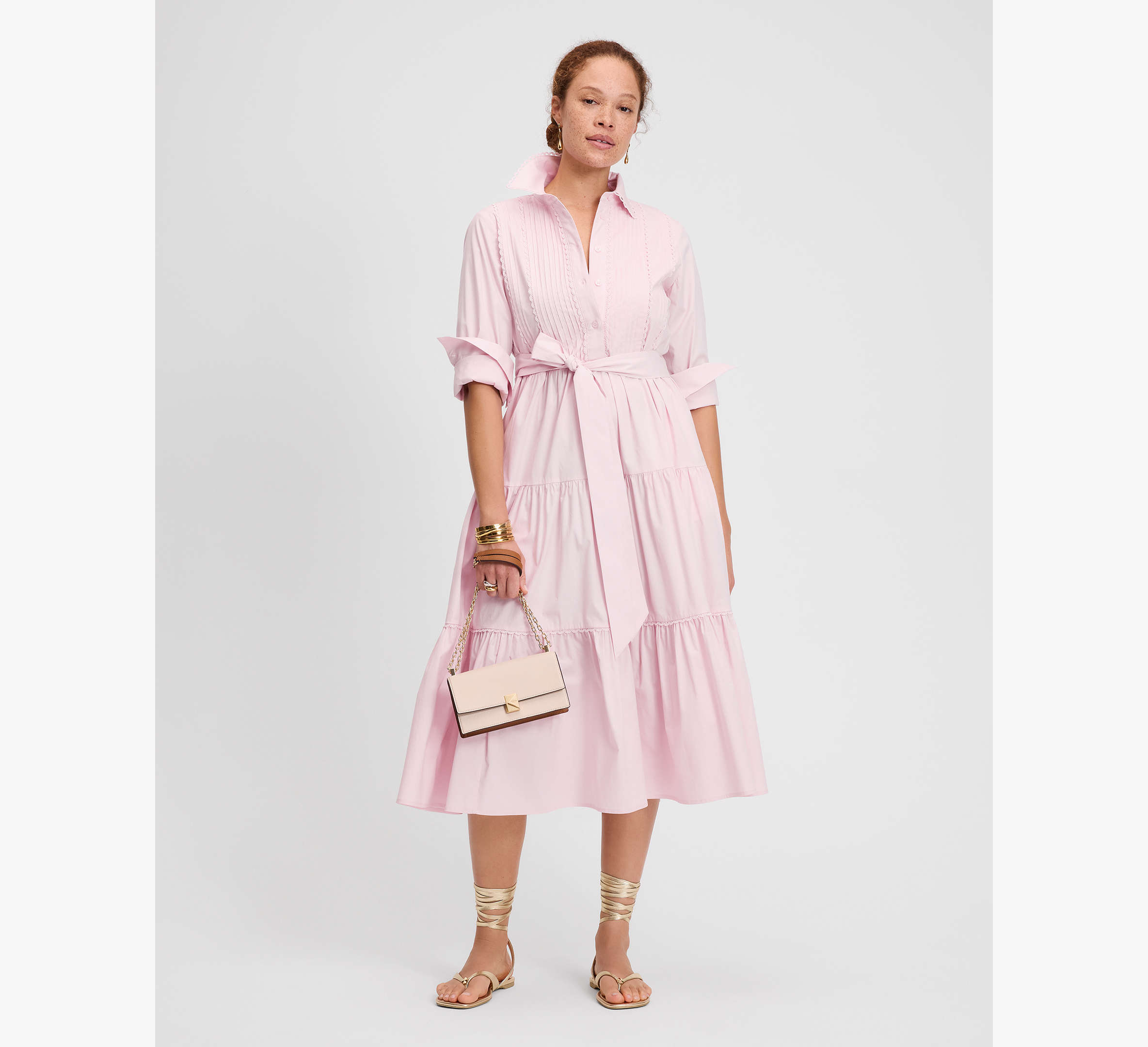Pintuck Tiered Shirt Dress