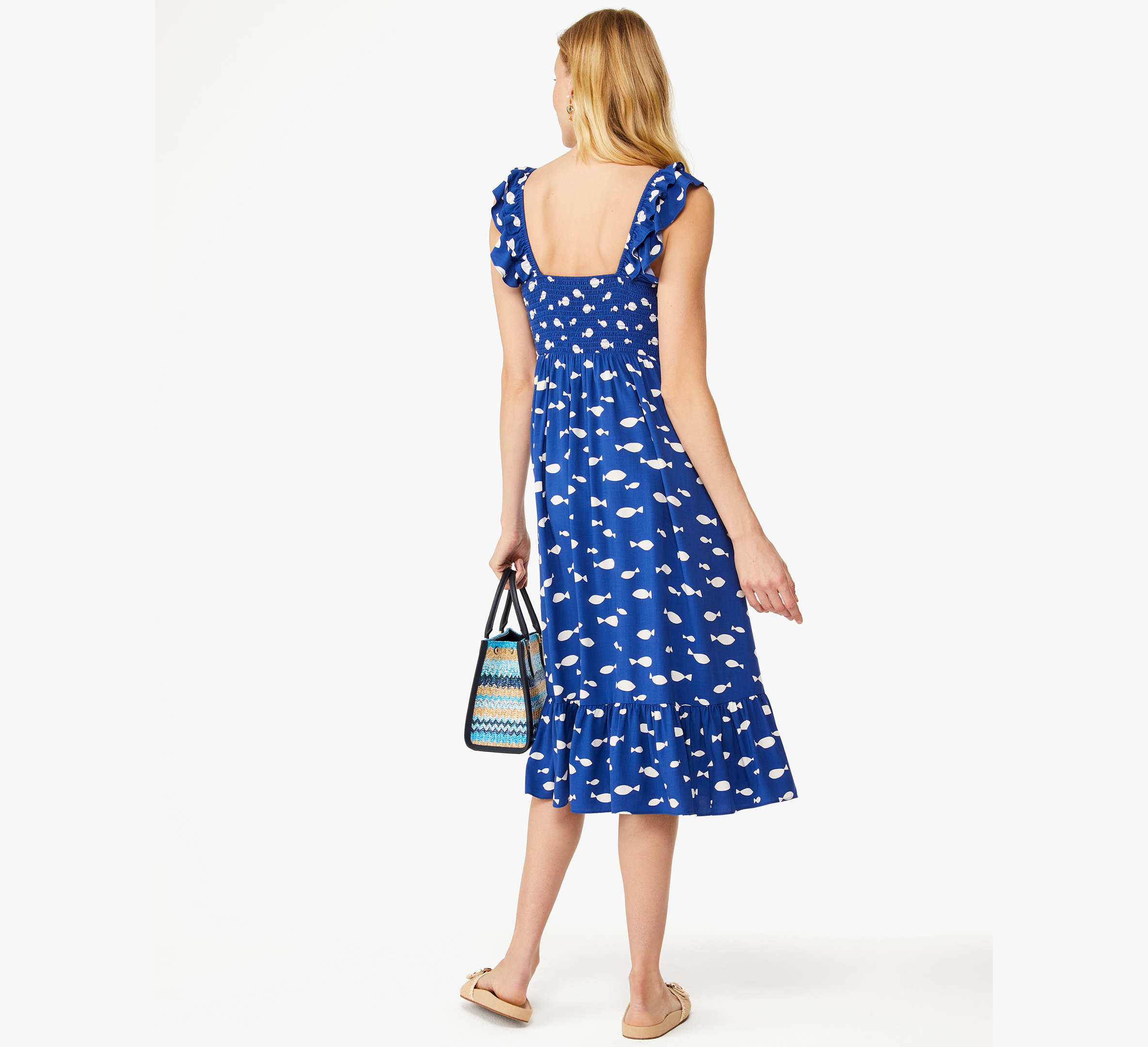 Graphic Fish Ruffle Midi Dress