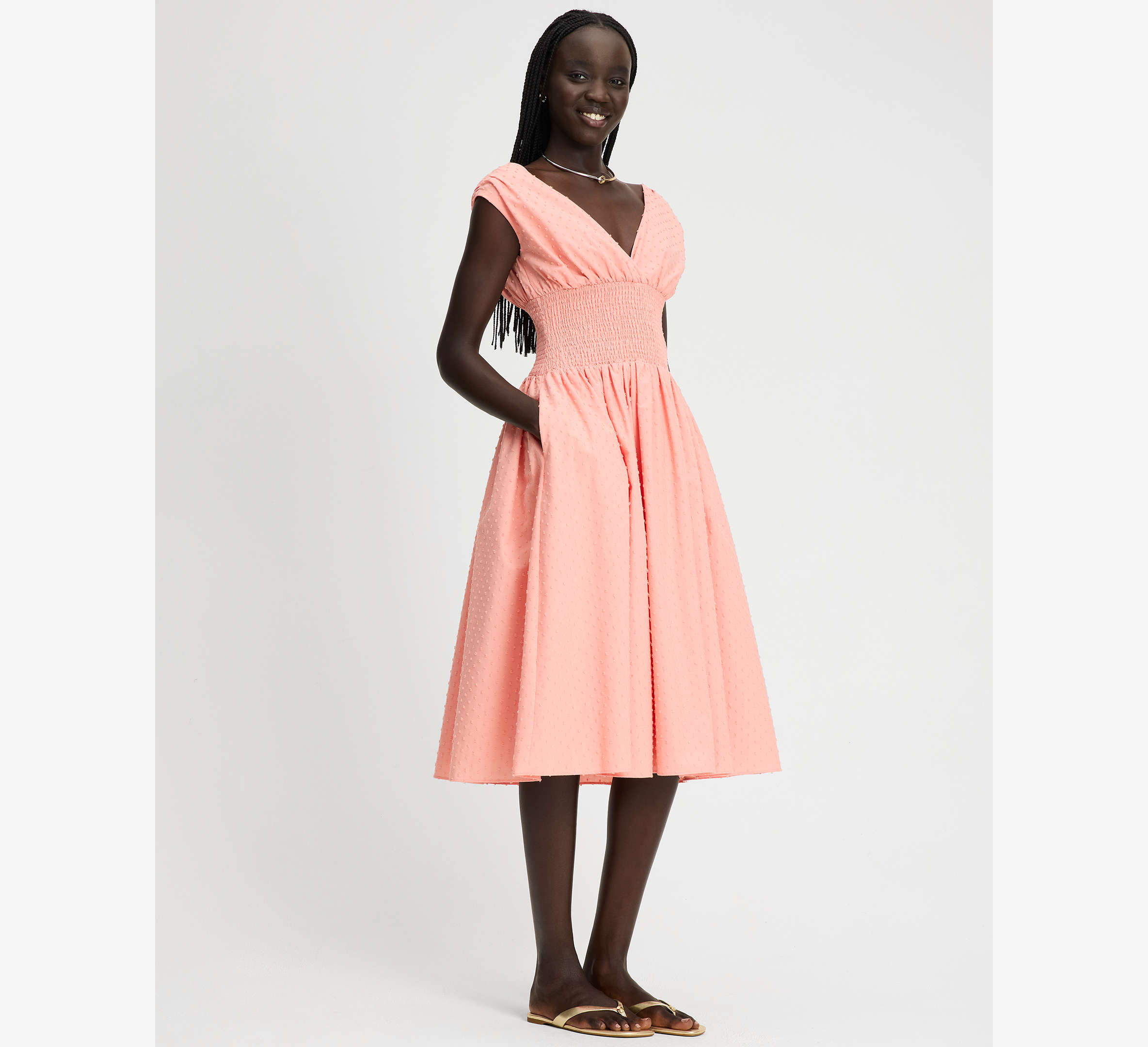 Swiss Dot Smocked Midi Dress