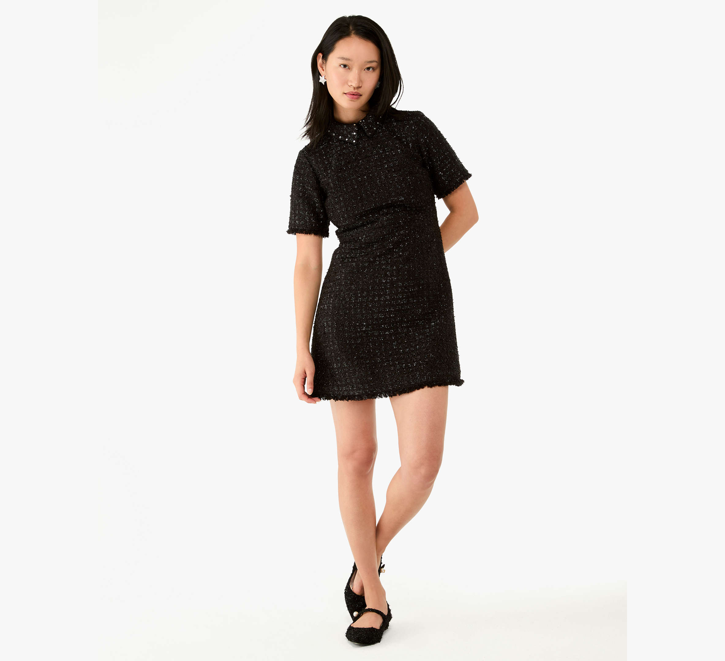 Embellished Collar Holiday Tweed Dress
